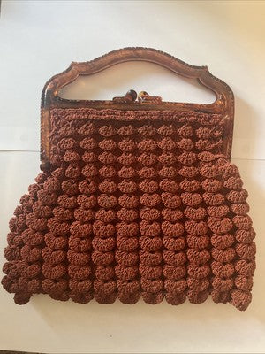 Art Deco Burnt Orange Crochet Evening Bag Brown/red Acrylic Handle - Vintage