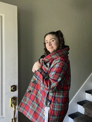 NWT Oopera Reversible SMALL Raincoat red black plaid j2315rw-1 Button Up Hooded
