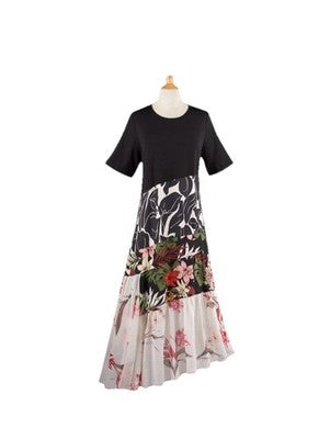 NWT Shana Apparel SMALL Right To Education Multi-print Tiered Dress Black Floral