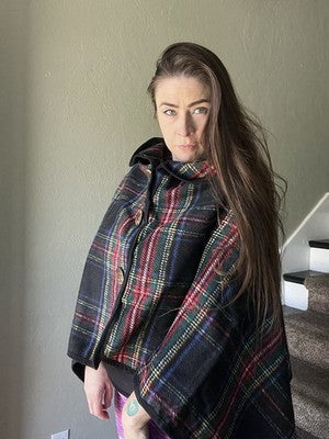 NEW Top It Off Accessories BLACK Plaid buttons Pull Over Cape shawl Top Winter