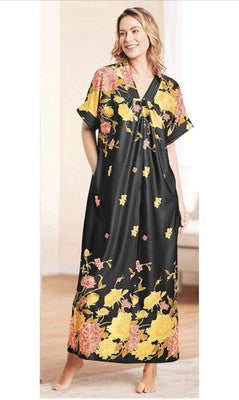 Women's Long Length Kaftan Hawaiian Muu Muu Night Gown Black Pocket Large Moomoo