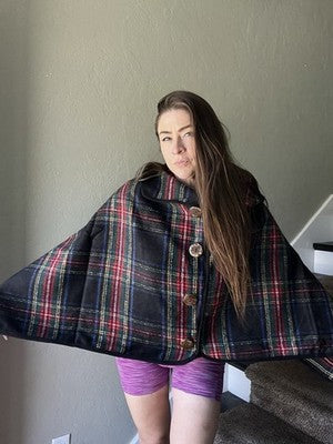 NEW Top It Off Accessories BLACK Plaid buttons Pull Over Cape shawl Top Winter