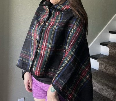 NEW Top It Off Accessories BLACK Plaid buttons Pull Over Cape shawl Top Winter