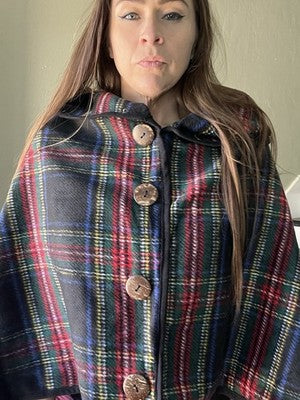 NEW Top It Off Accessories BLACK Plaid buttons Pull Over Cape shawl Top Winter