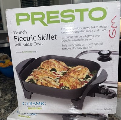 NEW Presto Black 11-inch Electric Skillet with Glass Lid 06626 Stay Cool Knob