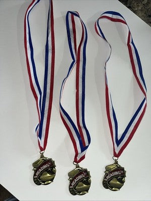LOT Of 3 Crown Reading Teacher School Metal Ribbon 16" Award Red White Blue Good