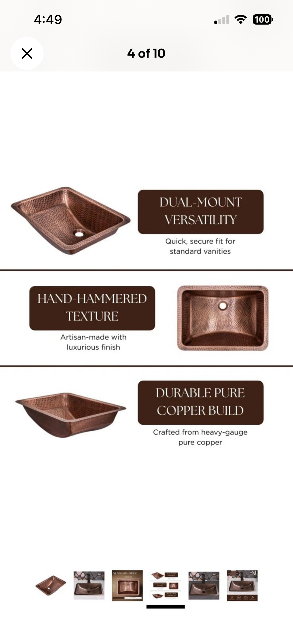 Monarch Abode 21" Copper Sink Venitian Dual Mount Undermount Drop In Bathroom