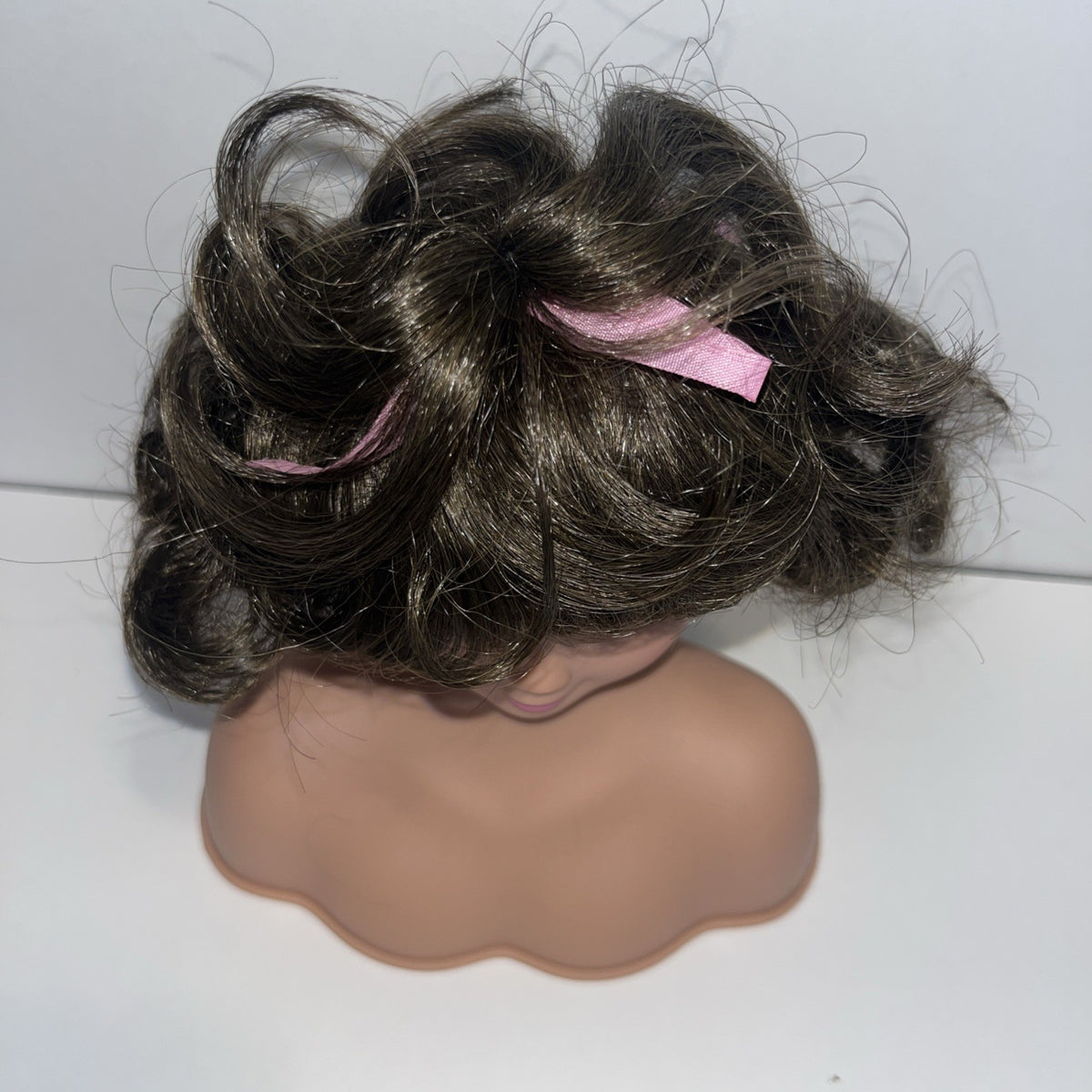 TALLINAâs Doll Wig 10â Stretchable Dark Brown Short Curly Pink Ribbon Ponytail