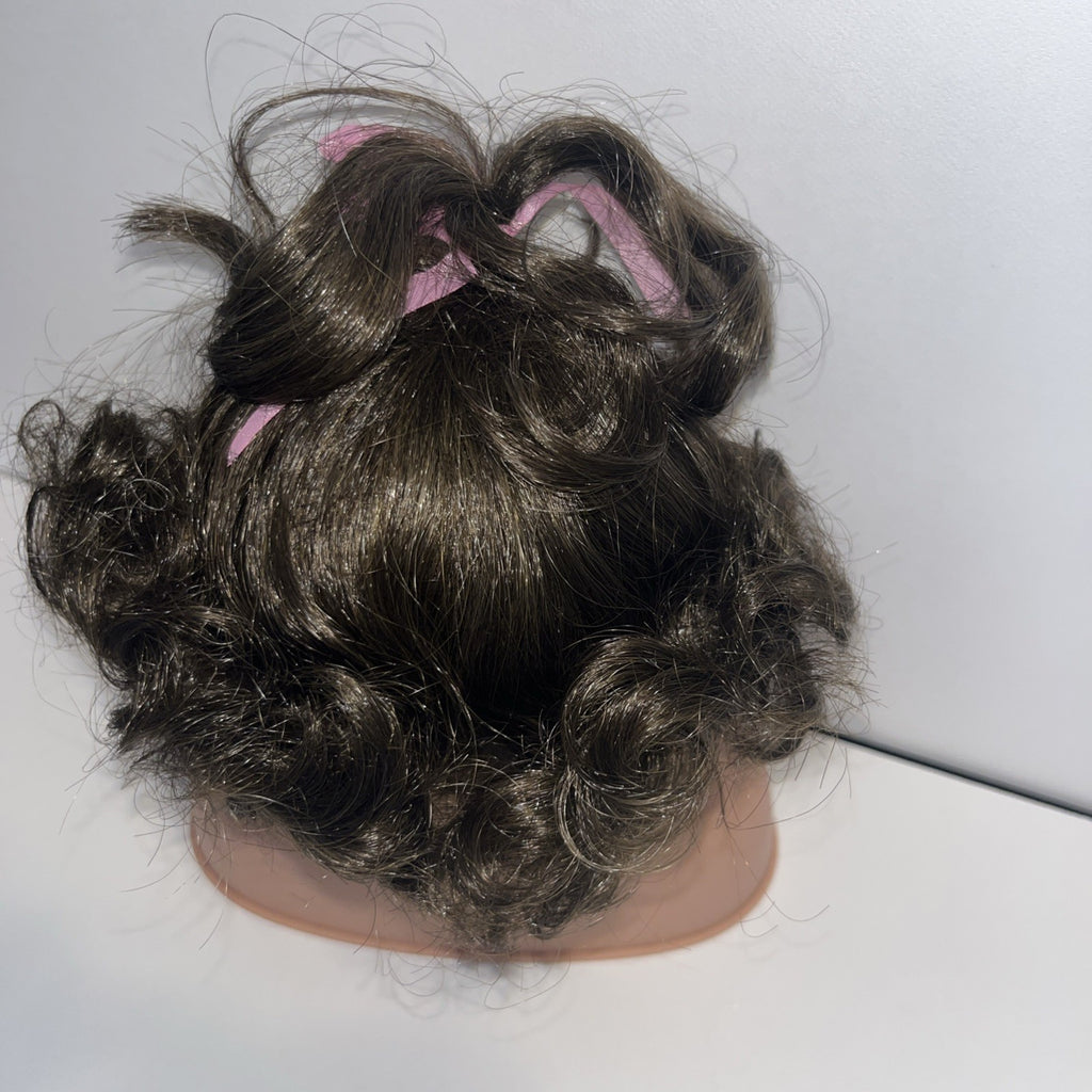 TALLINAâs Doll Wig 10â Stretchable Dark Brown Short Curly Pink Ribbon Ponytail