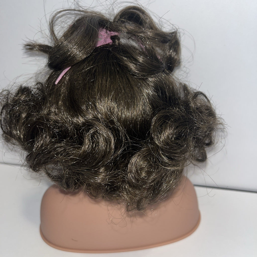 TALLINAâs Doll Wig 10â Stretchable Dark Brown Short Curly Pink Ribbon Ponytail