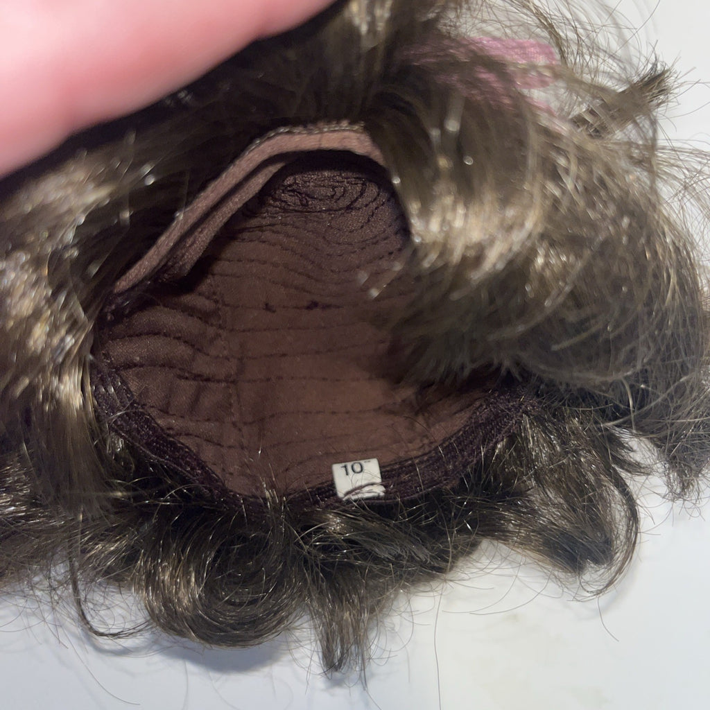 TALLINAâs Doll Wig 10â Stretchable Dark Brown Short Curly Pink Ribbon Ponytail
