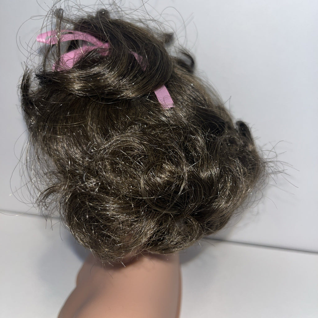 TALLINAâs Doll Wig 10â Stretchable Dark Brown Short Curly Pink Ribbon Ponytail